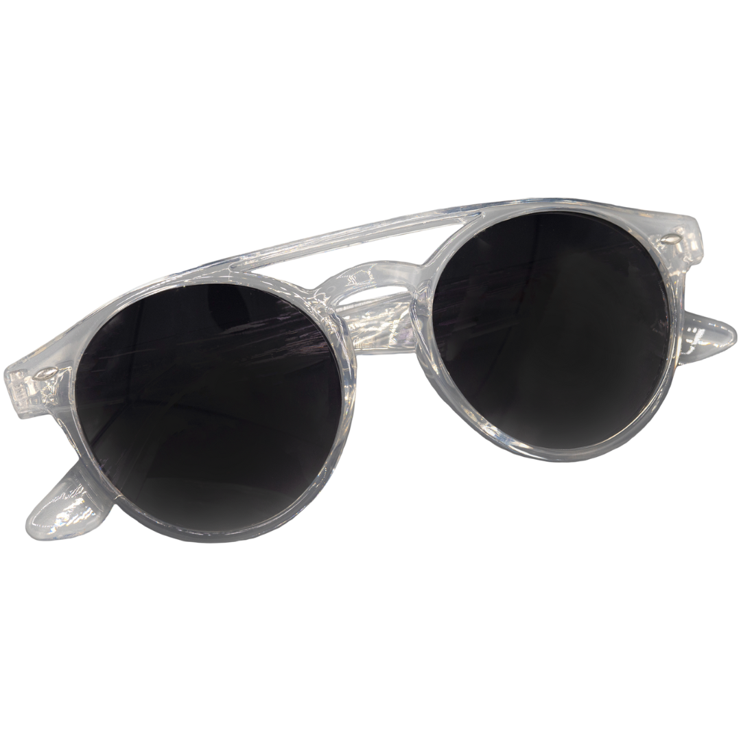 Front of clear plastic shades with dark lenses, no background. 