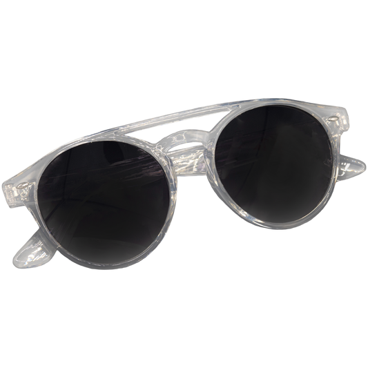 Front of clear plastic shades with dark lenses, no background. 