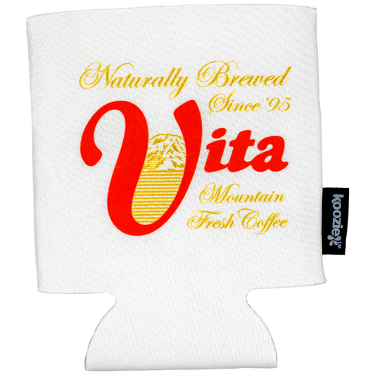 White koozie reading "Naturally brewed since '95. Vita: Mountain Fresh Coffee." No background.