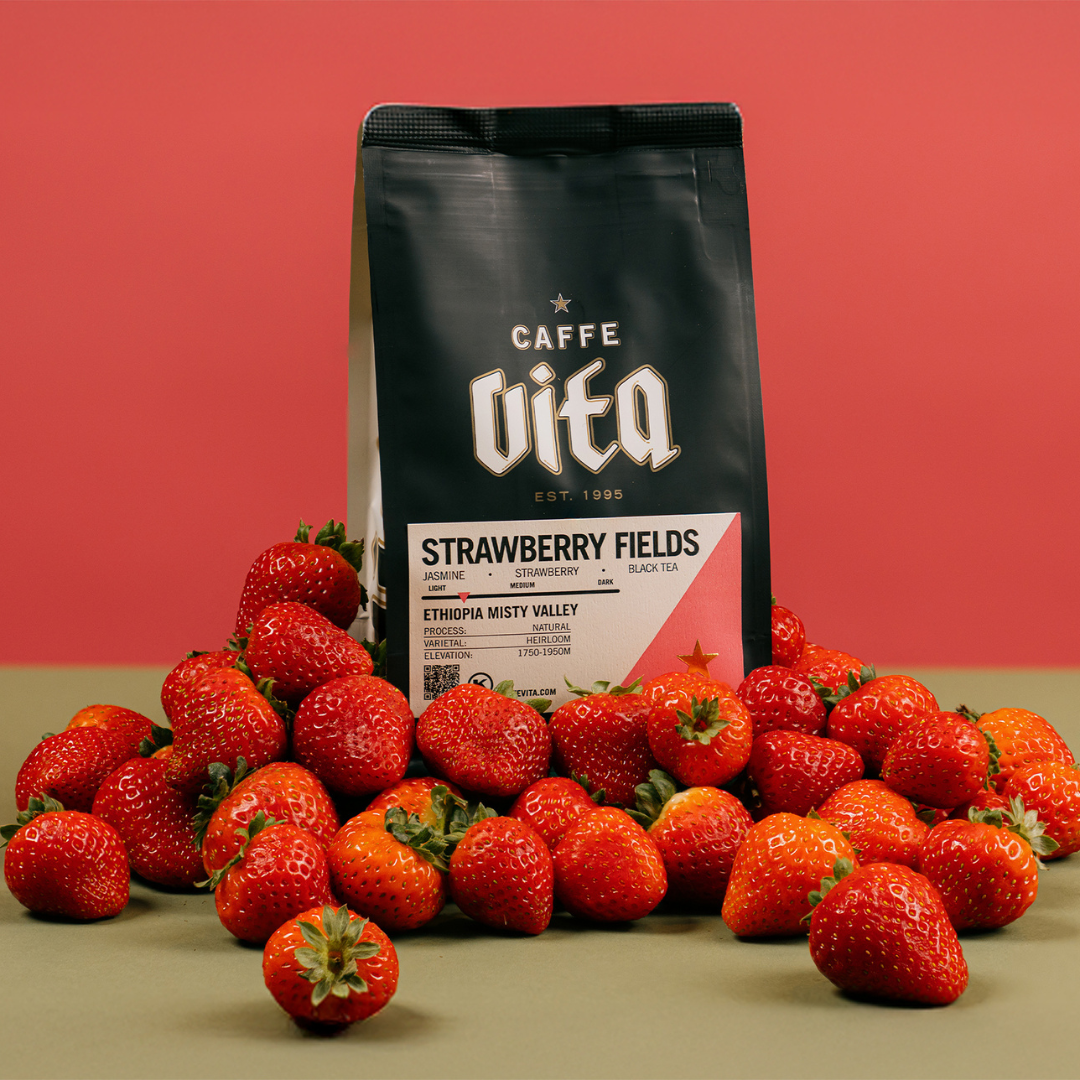 Strawberry Fields 12oz bag surrounded by strawberries with pink background. 