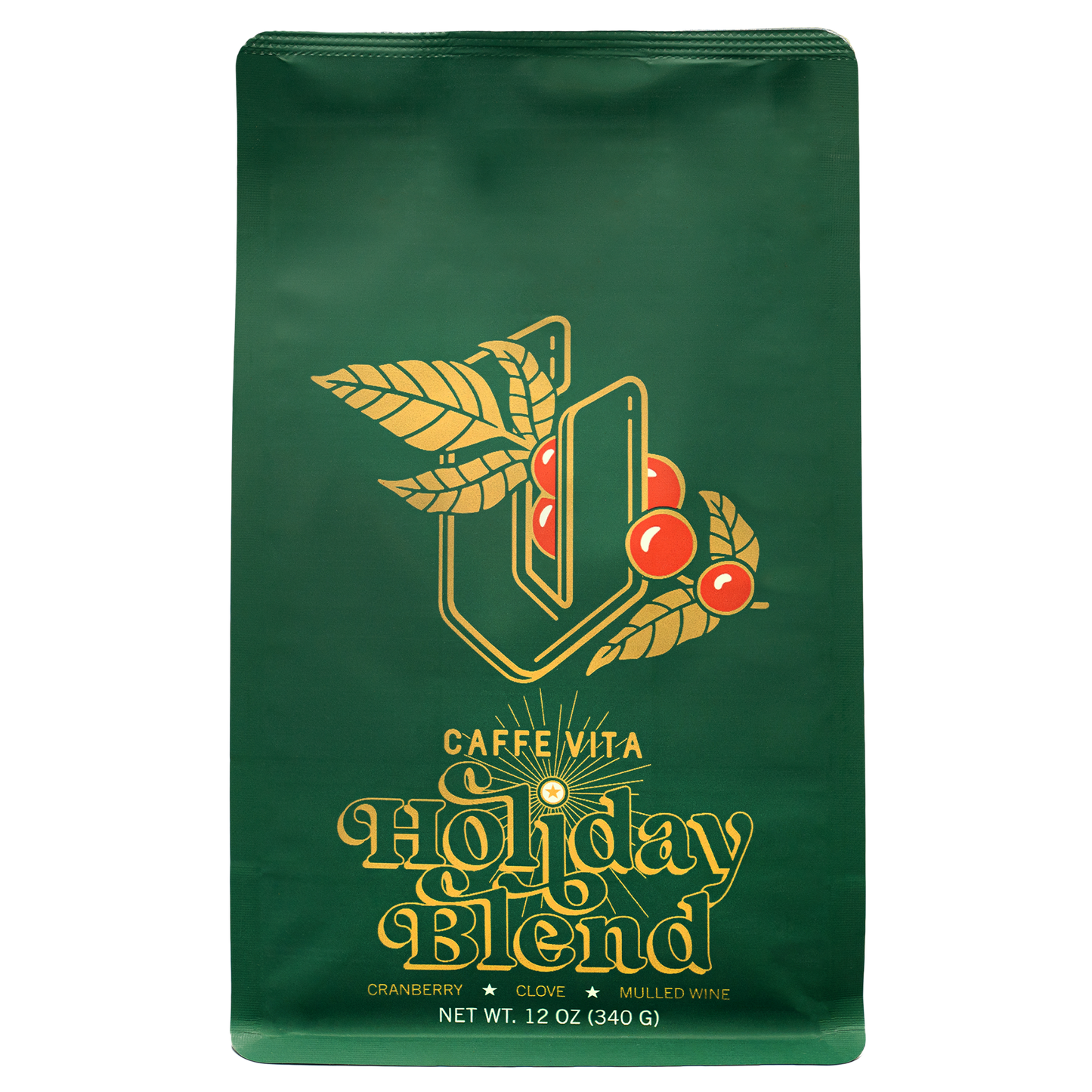 Front, 12oz bag of Holiday Blend no background. 