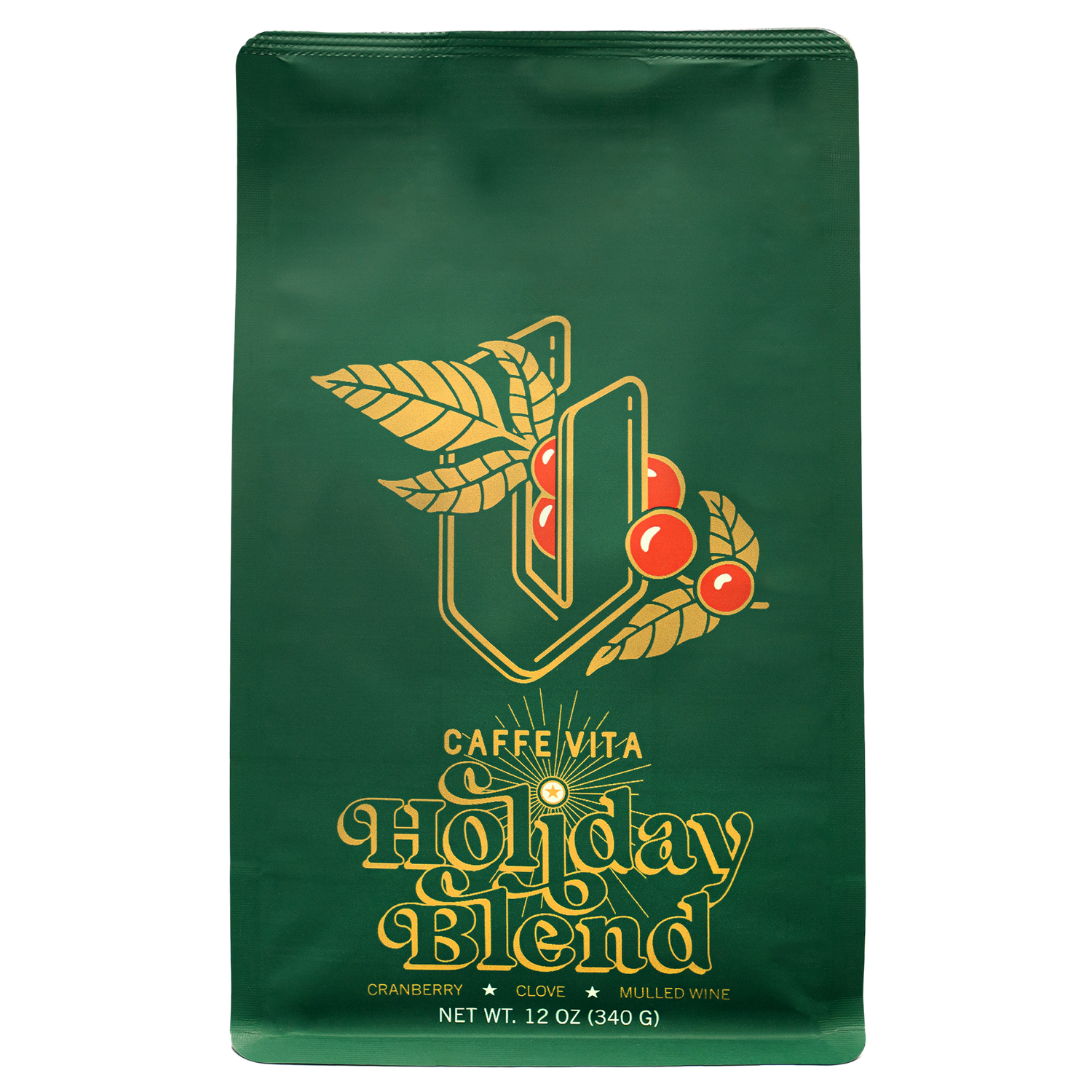 Front, 12oz bag of Holiday Blend no background. 