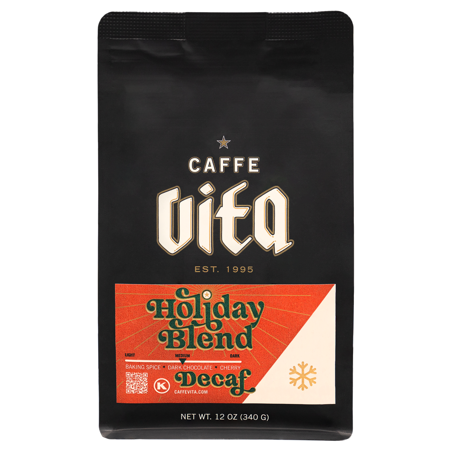 Front, 12oz bag Holiday Blend Decaf no background. 