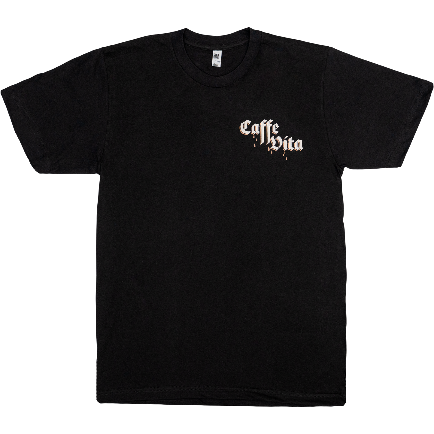 Front, Caffe Vita pocket logo on black t-shirt. No background.