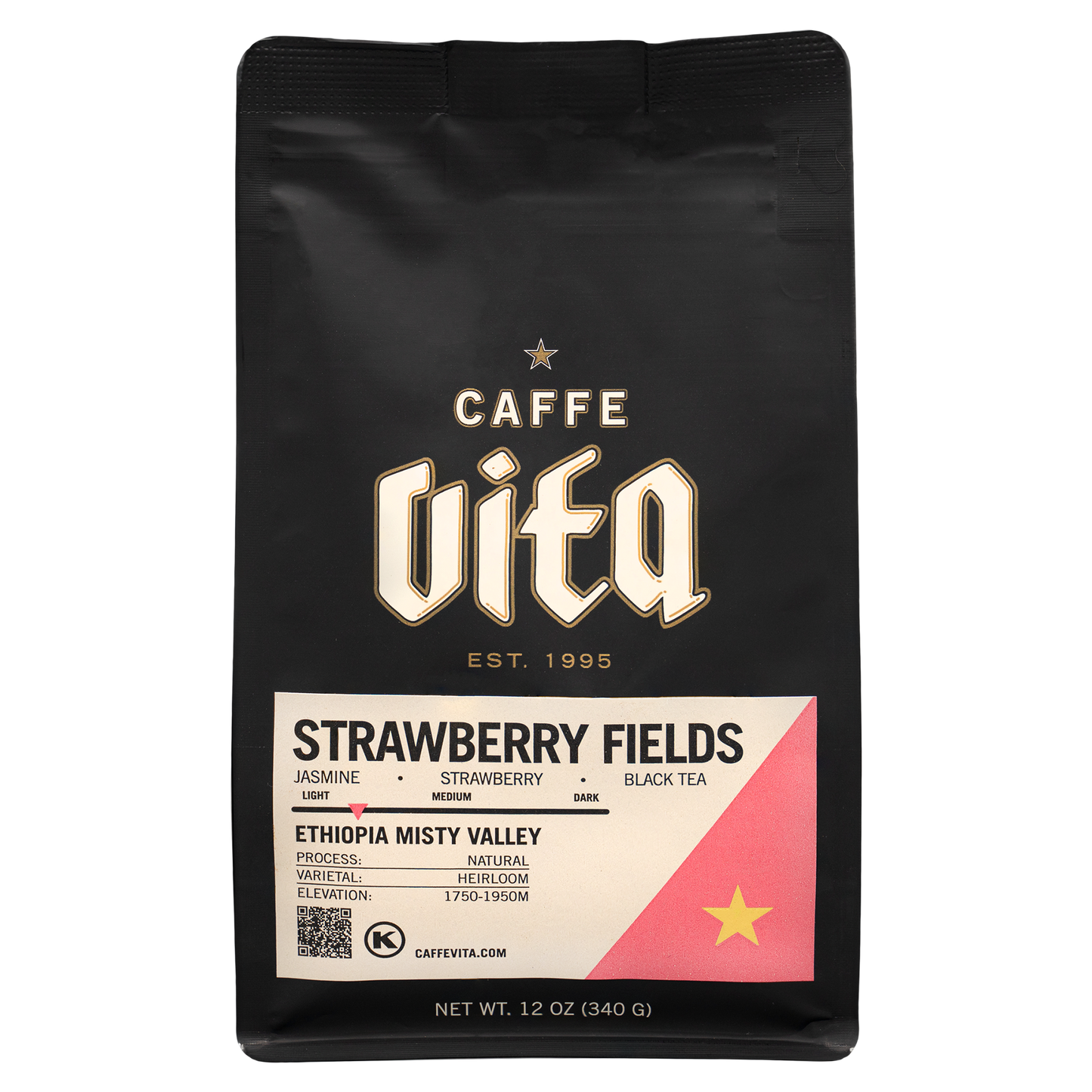 12oz bag of Strawberry Fields front, no background. 