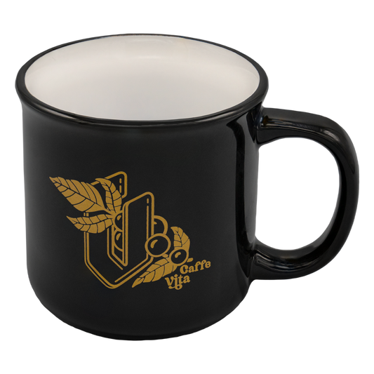 Black mug with gold Vita V, coffee cherries, and Caffe Vita logo, no background